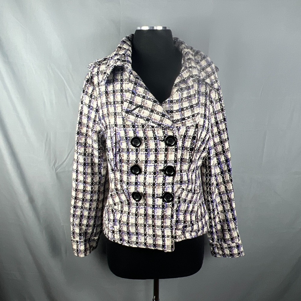 Opening Act Blazer Jacket Womens Large White Black Plaid Tweed Double Breasted